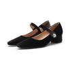 2025 Spring and Autumn Mary Jane Coarse Heel Single Shoes Women's Shallow Mouth One-word Buckle Strap Velcro Golden Velvet Retro Women's Shoes Larg