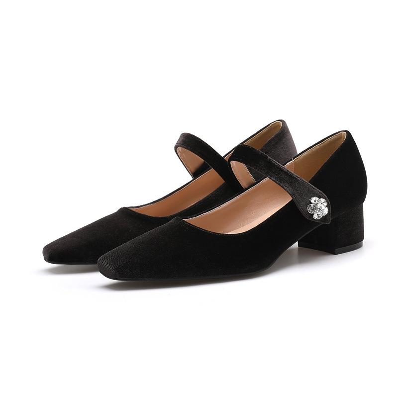2025 Spring and Autumn Mary Jane Coarse Heel Single Shoes Women's Shallow Mouth One-word Buckle Strap Velcro Golden Velvet Retro Women's Shoes Larg