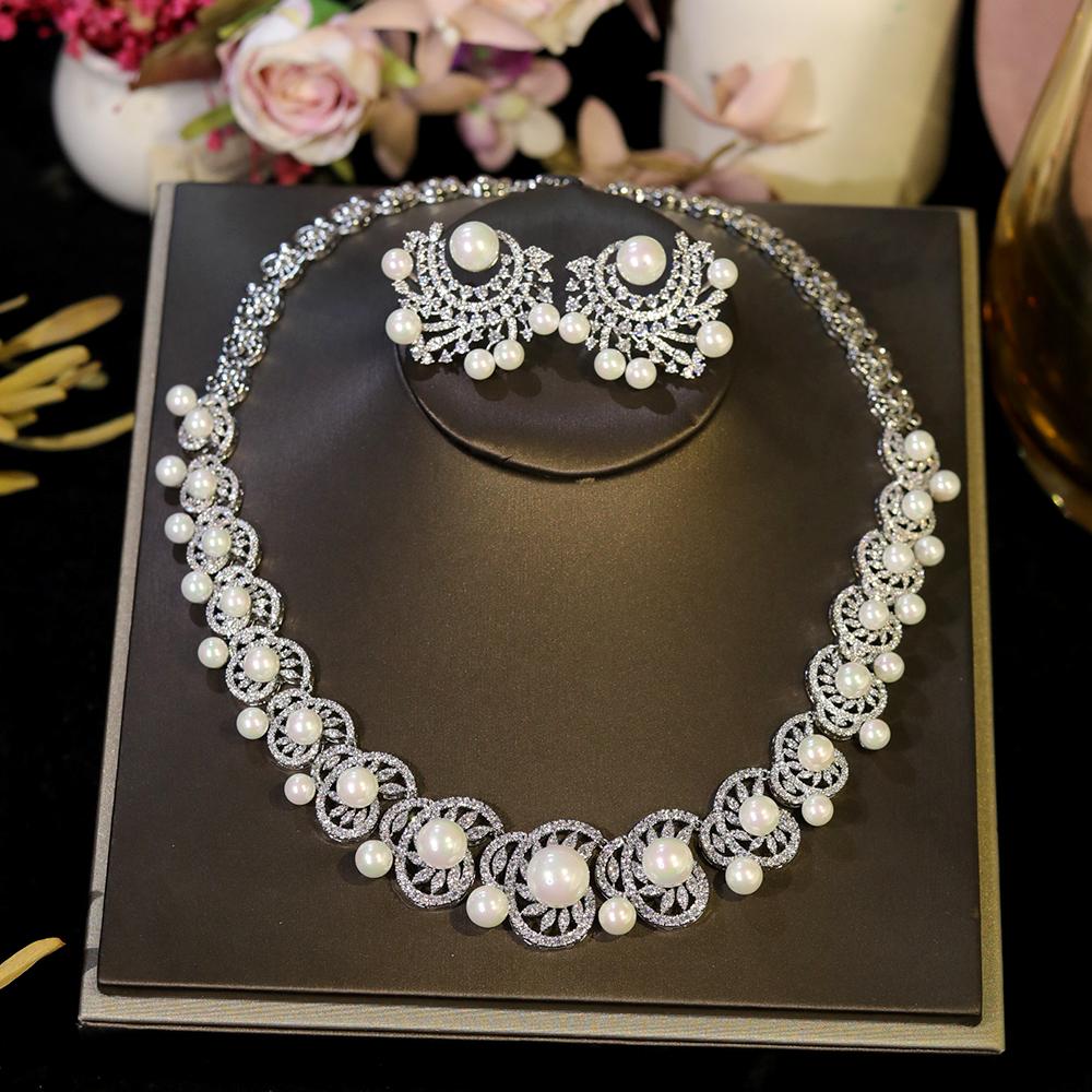 

ASNORA White Cubic Zirconia Luxury Choker Heptacolor Big Pearl Necklace Wedding Bridal Party Jewelry Sets for Women X0538 WHITE&46cm