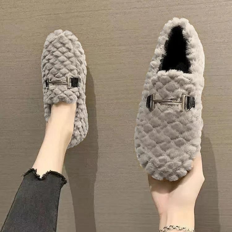 Autumn and winter fluffy shoes velvet cotton shoes casual cotton slippers women's low-top Doudou shoes one pedal confinement shoes