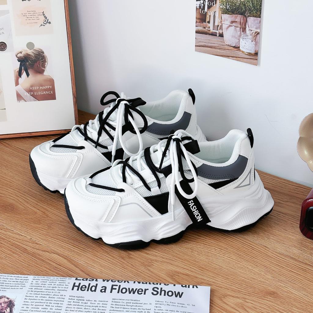 Women's Thick Leather Mesh Sports Shoes Women's Casual Sports Shoes Thick Soled Vulcanized Shoes Fashionable and Versatile