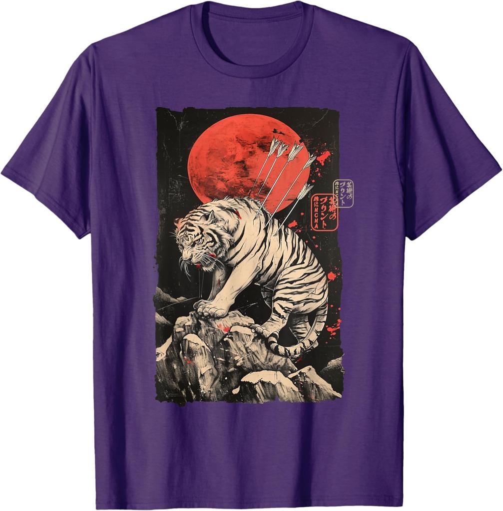 Wounded Tiger with Arrows Japanese Art Graphic Tee Mens Casual Round Neck TShirt Breathable Print