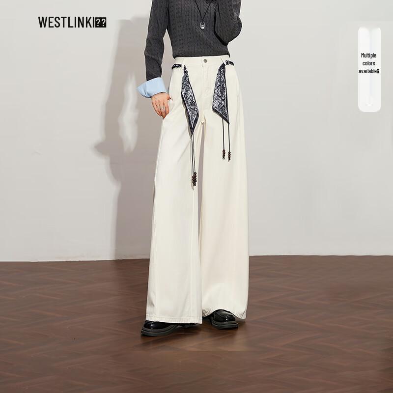 

WEST LINK Women s Retro Scarf Belt High-Waist Straight Wide-Leg Jeans 27