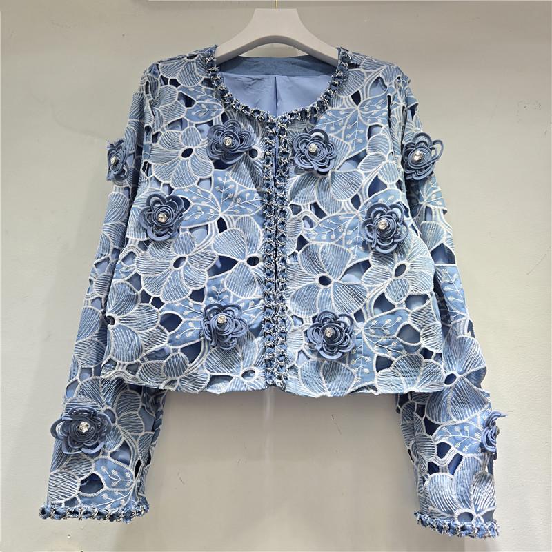 Elegant 3D Floral Embroidery Short Denim Jacket for Women - New 2026 Spring Collection