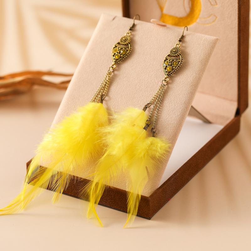

New Bohemian Ethnic Feather Earrings For Women Long Fashion Rhinestone Crystal Drop Oil Dangle Earrings Party Wedding Jewelry жёлтый