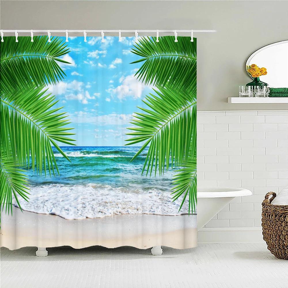 Sunny Beach Palme Meereslandschaft Stoff Duschvorhang Wasserdicht Polyester Badvorhänge für Badezimmer Dekorieren mit Haken
