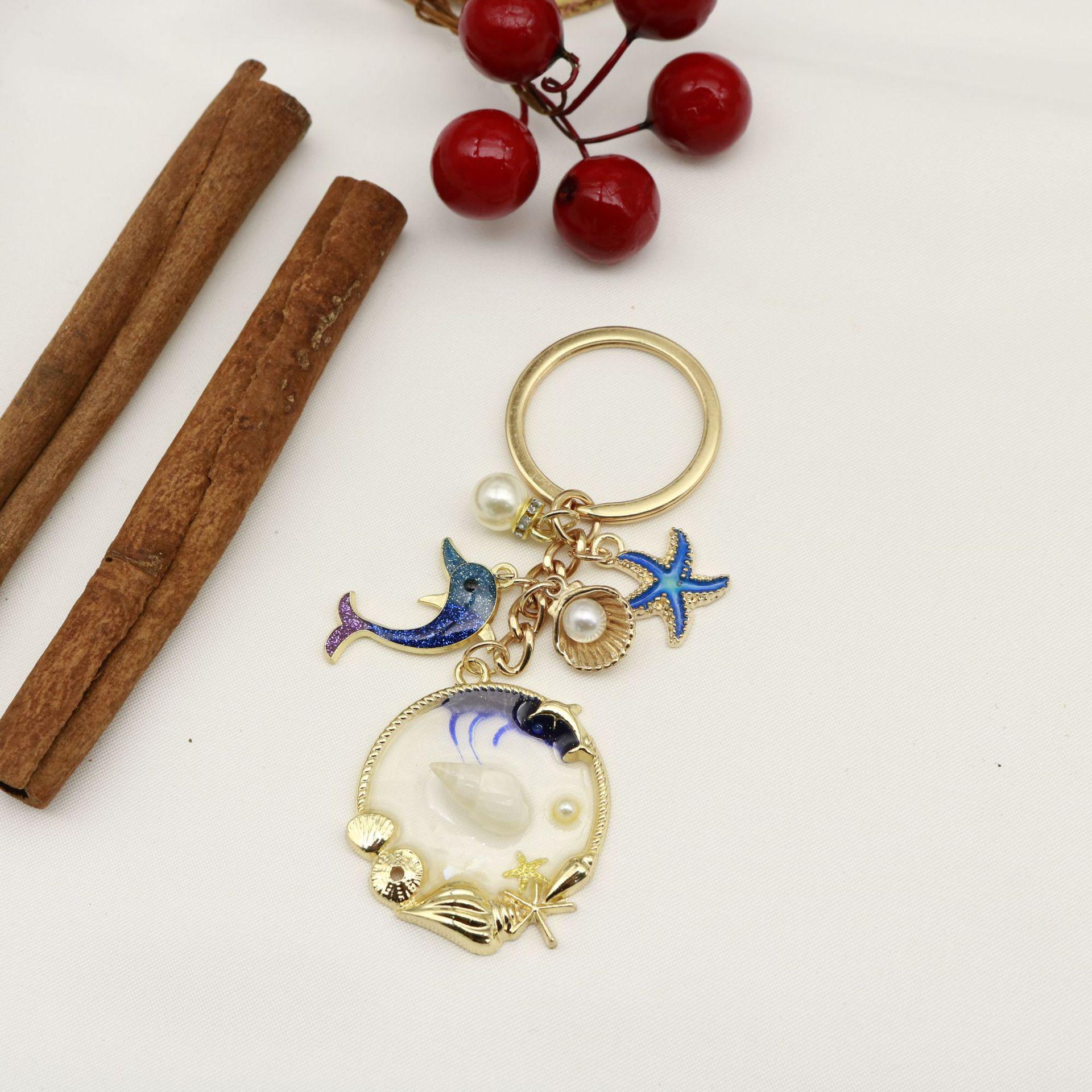 Pink Ocean Shell Starfish Seahorse Pendant Keychain