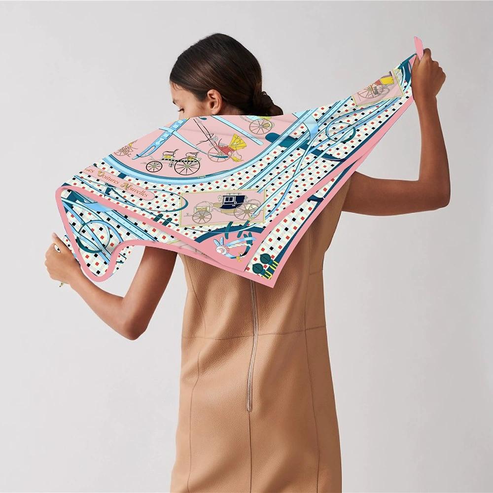 90cm Twill Silk Scarf Shawl Luxury Brand Horse Carriage Print Square Scarves Women Hijabs Bandana Silk Foulards Neckerchief