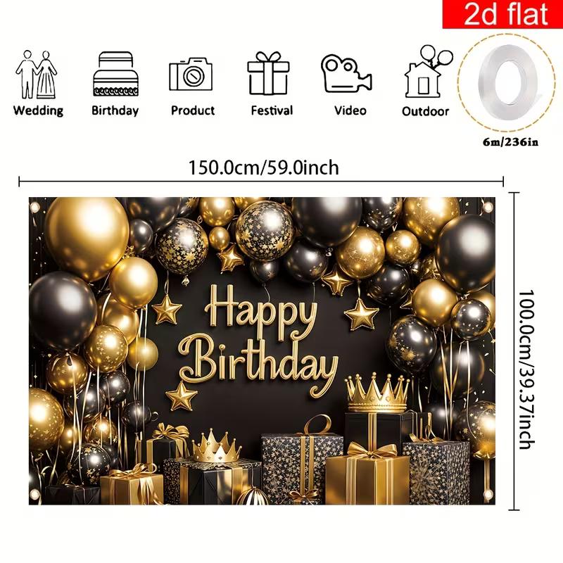 Dwuwymiarowa Czarno-Złota Balonowa Tkanina Tła do Fotobudki na Urodziny