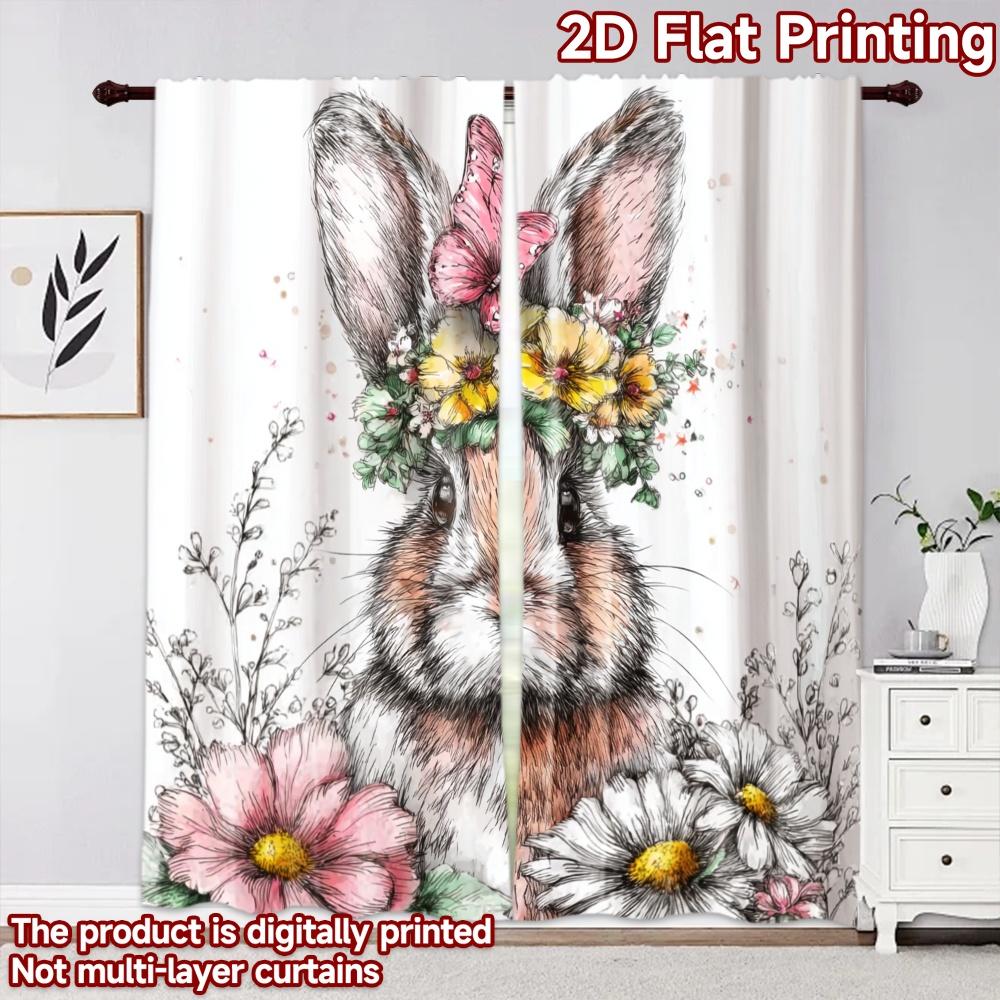 2D flat printing 2pcs Curtain Curtains Easter Bunny with Flowers(1) Digital Printed Polyester Drapes Festive Curtains Perfect