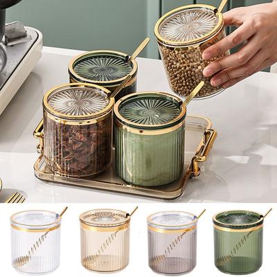 Plastic Condiment Jar European Style Stripe Seasoning Storage Jar Transparent with Spoon and Lid Food Storage Organizer Kitchen