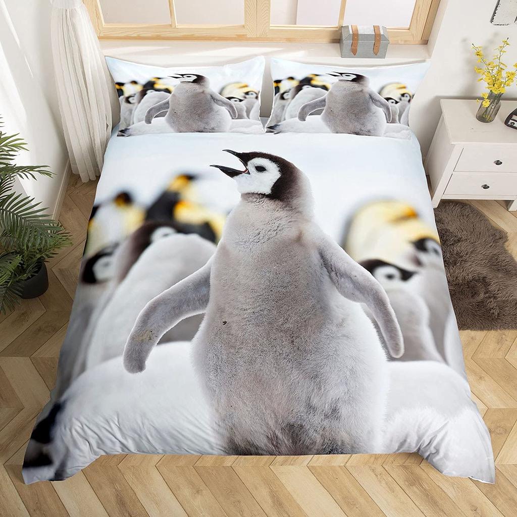 Penguin Comforter Cover Kawaii Animal Print Black White Little Penguin Duvet Cover Blue Iceberg Antarctica Winter Bedding Set