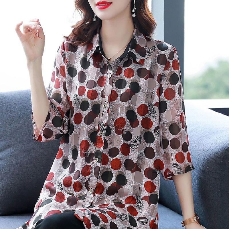 Elegantní košile pro office lady s potiskem puntíků, ležérní dámské oblečení s polovičním rukávem, jednoradové zapínání, letní korejská volná midi halenka