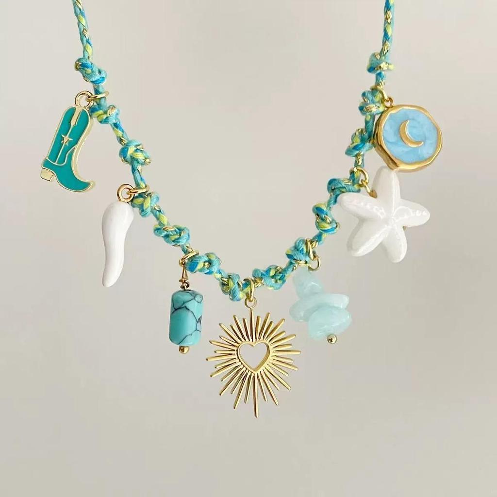 Conjunto de Pulsera y Collar Estilo Océano con Conchas y Estrellas Marinas de Acero Inoxidable