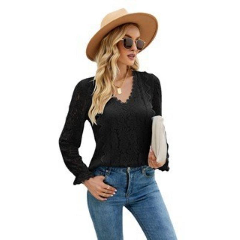 Vår och höst Dam Blus Spets Långärmad Enfärgad Utskuren Spets Sexig Stickad Topp