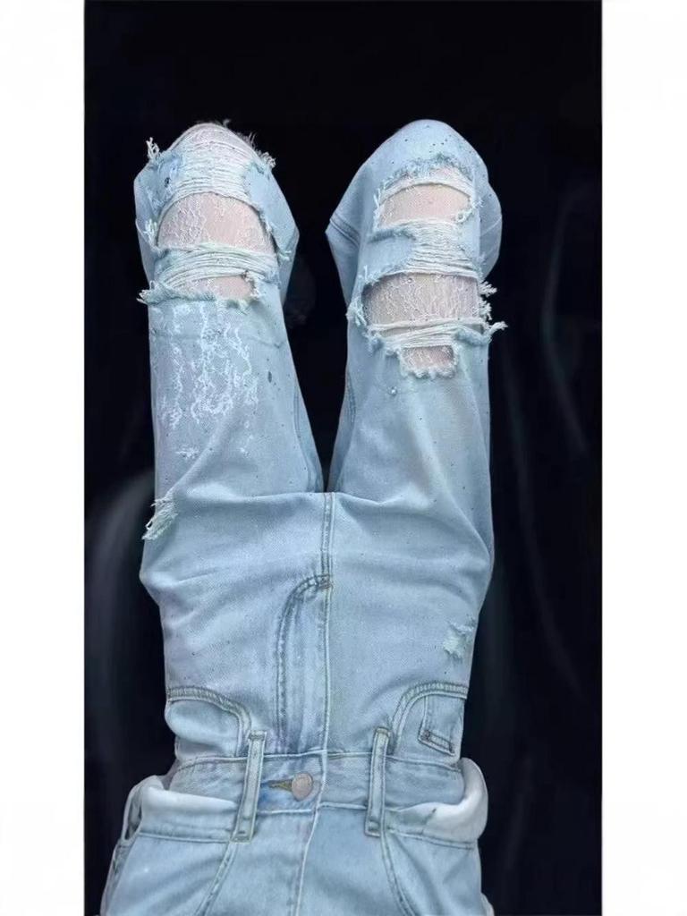 Light Blue Heavy-Duty Rhinestone Ripped Women's Jeans - 2026 Summer Loose Lace Design
