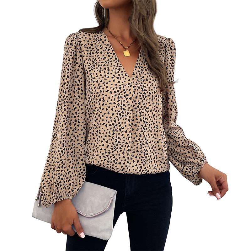 Women's 2024 Spring Leopard V-Neck Long Sleeve Commuting Top