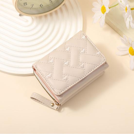 Women Stylish Tri-Fold Wallet Embroidered Heart Cash Wallet Mini Card Holder Wallet with Zippered Coin Pocket for Dating Shopping