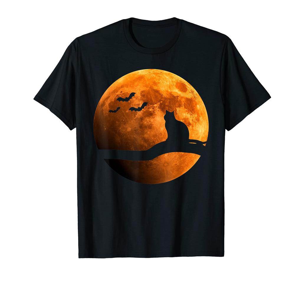Halloween Schwarze Katze Orange Vollmond und Fledermaus T-Shirt