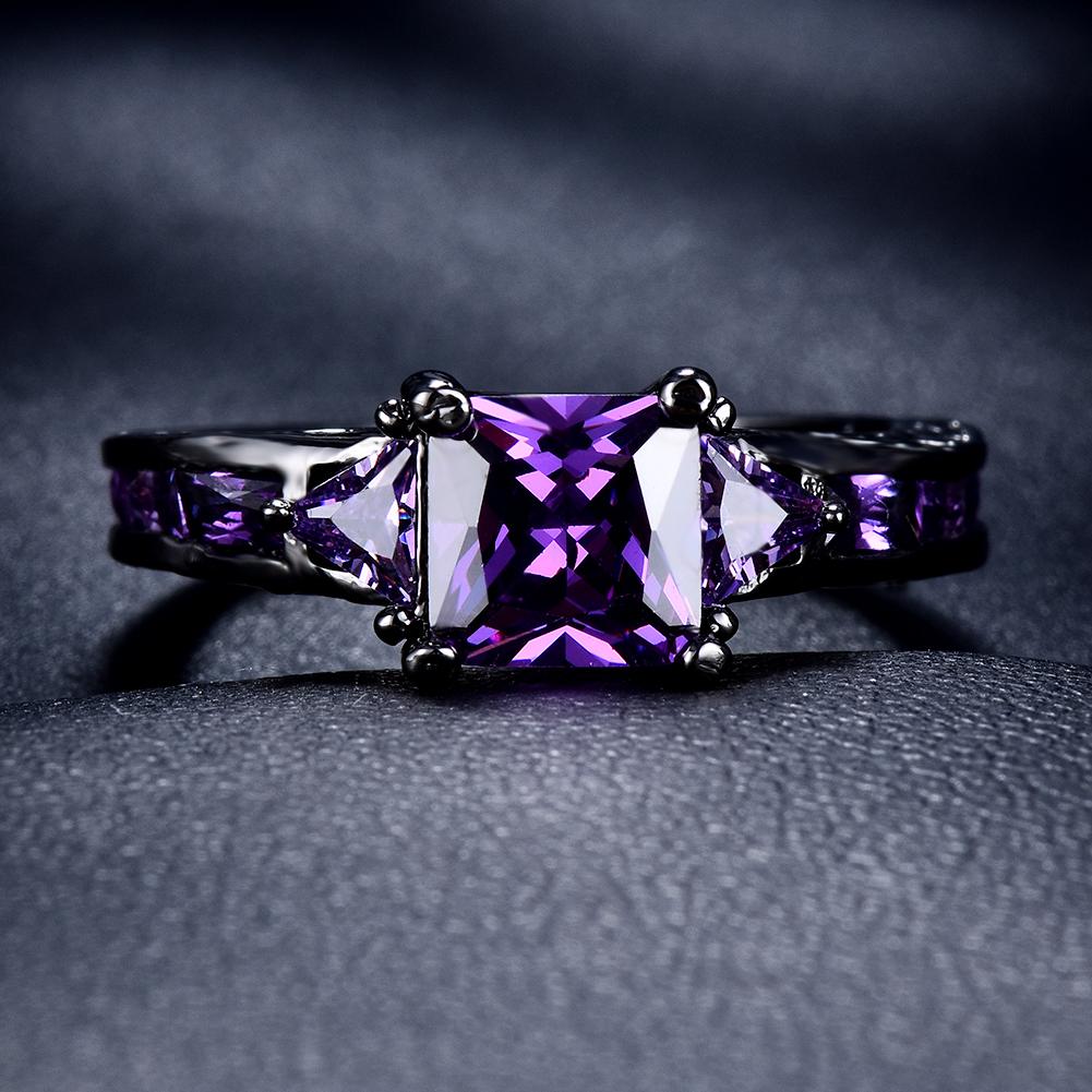 1 Pc Black Golden Color Princess Cut Purple Stone CZ Claw Rings Wedding Band Jewelry Valentine's Day Gifts