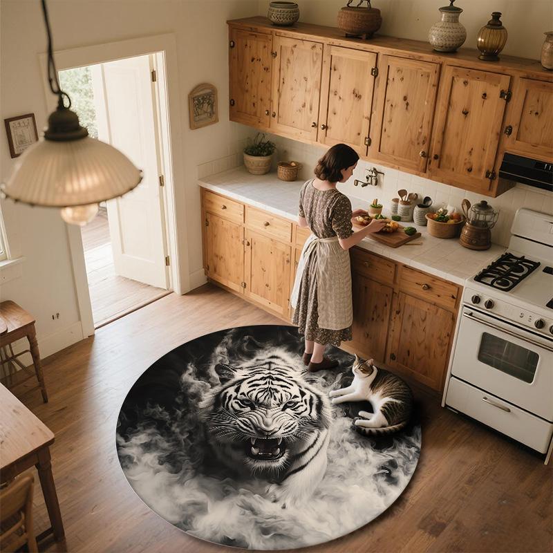 Black and White Tiger,Round Area Rug,Carpet Rug for Living Room Bedroom Sofa Playroom Decor,Non-slip Floor Mat