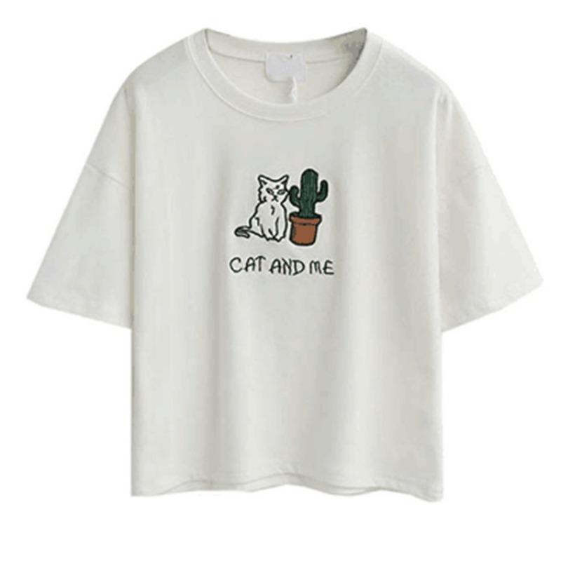 Damen Sommer Neu Einfach Kurz Kaktus Stickerei Kurzarm Nabel Baumwoll-T-Shirt