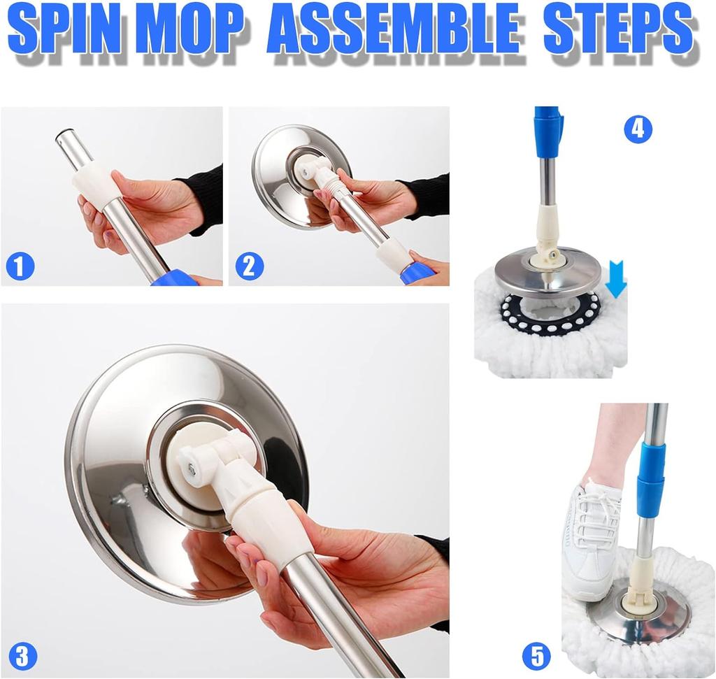 Spin Mop Bucket System with Wringer Set Magic Round Mops Household Floor Cleaning Tools, 360° Rotating Extantable Handle Mops