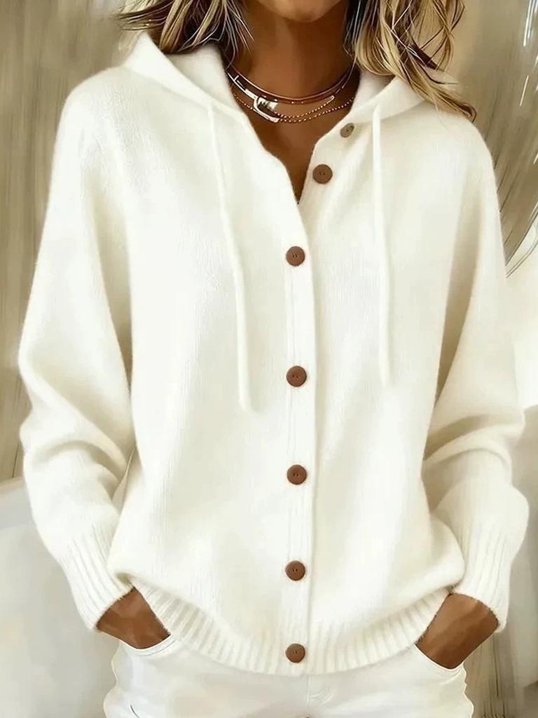 2026 Europäischer und Amerikanischer Knopfstrick Kapuzenpullover Cardigan Jacke Herbst und Winter Neu Einfarbig Lässig Mode Damenbekleidung