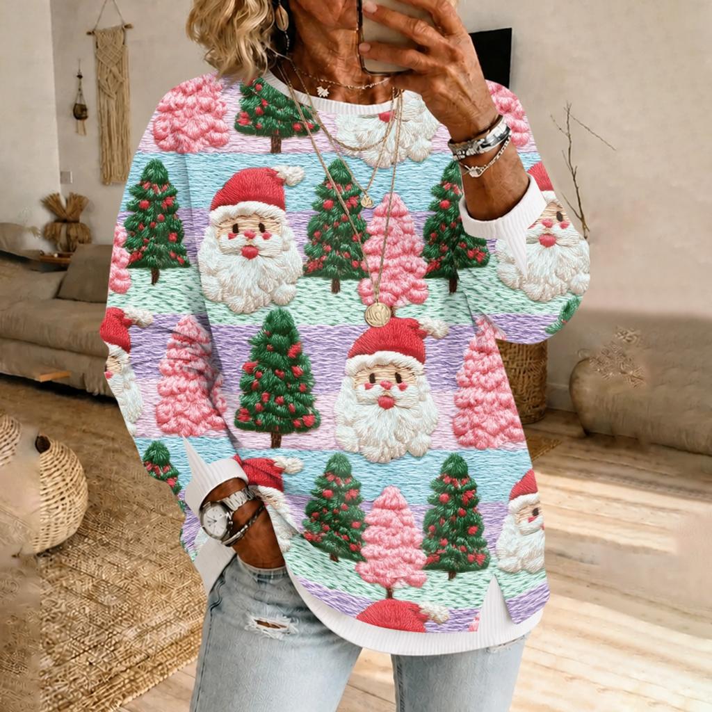 Top Pullover Casual da Donna a Manica Lunga con Stampa Natalizia e Design