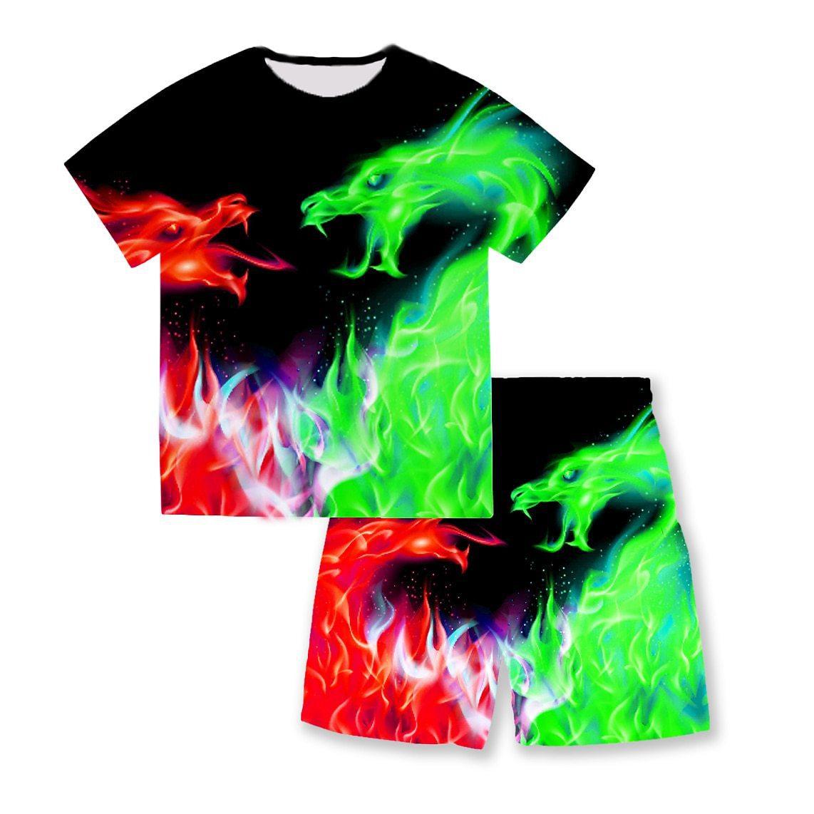 

Летний комплект с круглым вырезом и 3D-принтом пламени, модный и повседневный, с шортами с короткими рукавами, комплекты детской одежды для мальчиков 140