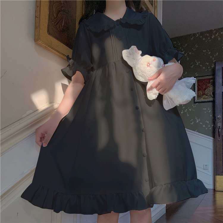 Summer Sundress Lolita Dress Kawaii Peter Pan Collar Cute Ruffle Puff Sleeve Dress