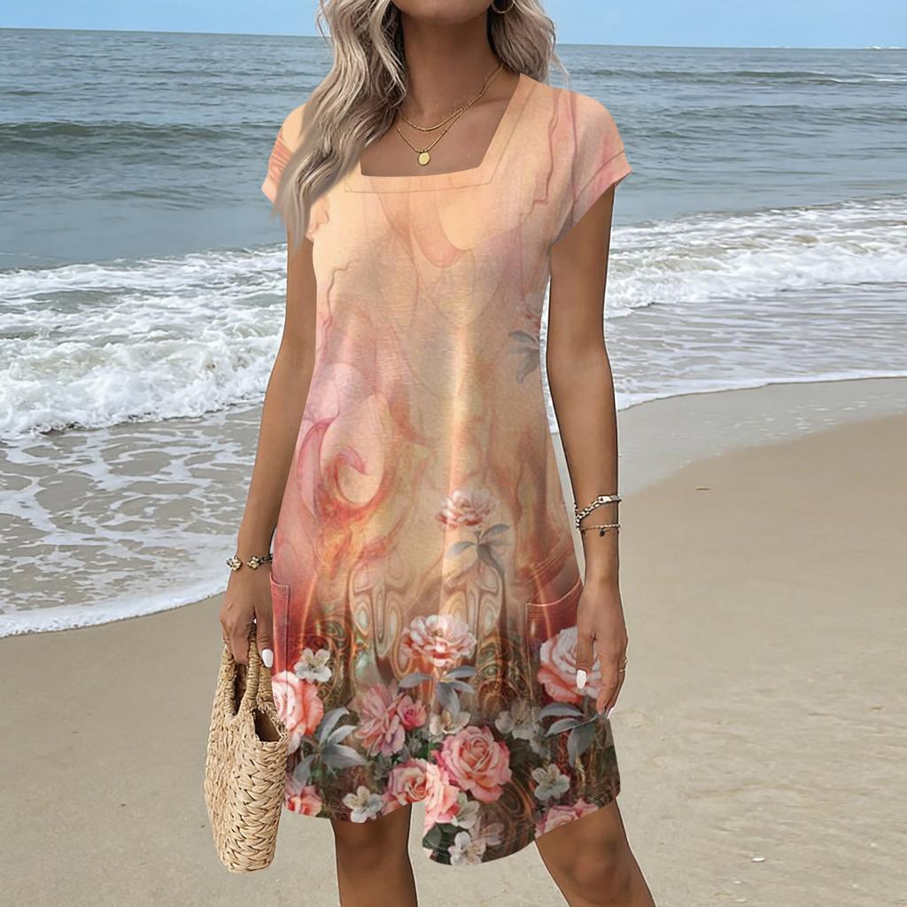 Summer Dresses For Women Loose Square Neck Cap Sleeve Casual Beach Vacation Tshirt Dress Sundresses With Pockets