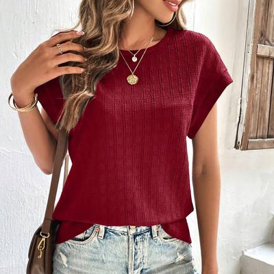 Top de damă casual, larg, cu gât rotund, mânecă scurtă, cu broderie și carouri, de vară