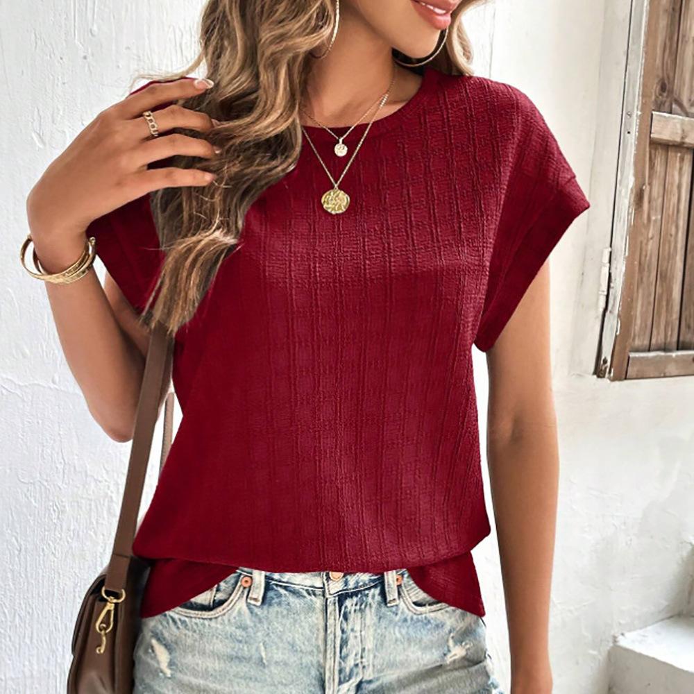 Summer Embroidery Checkered Round-neck Short-sleeved Top Loose Casual Women’s T-shirts