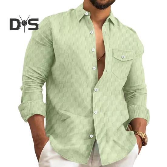 Fall Spring Men Shirt Button Turn-down Collar Long Sleeves Loose Plaid Applique with Chest Pocket Daily Wear Business Bottoming Top