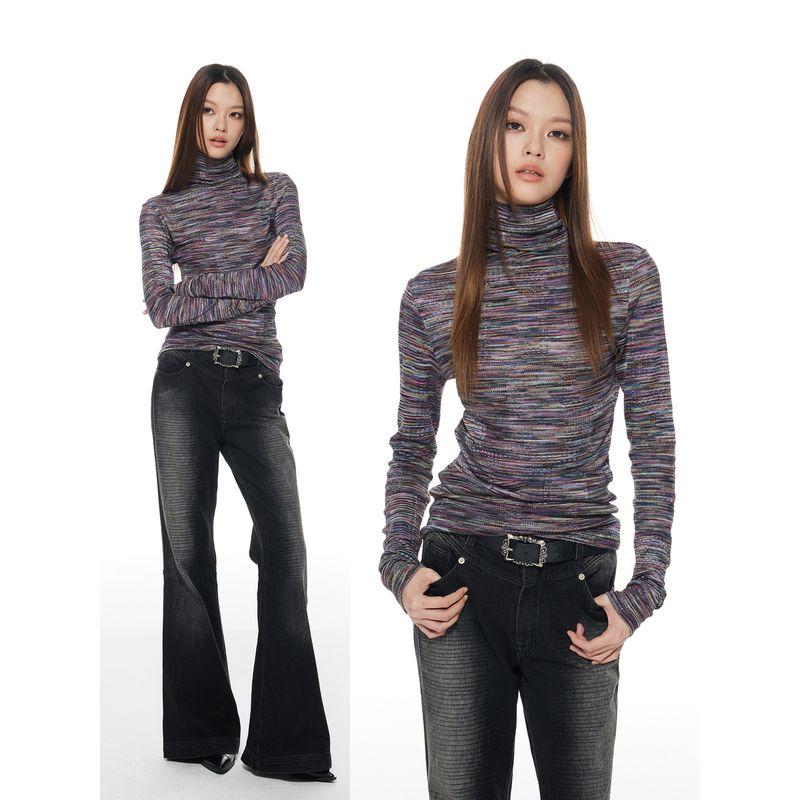 Blue Muzi Thelight Color Horizontal Stripes High Collar Slim Fit Long Sleeves T-shirt Fall and Winter Tight Stretch Base