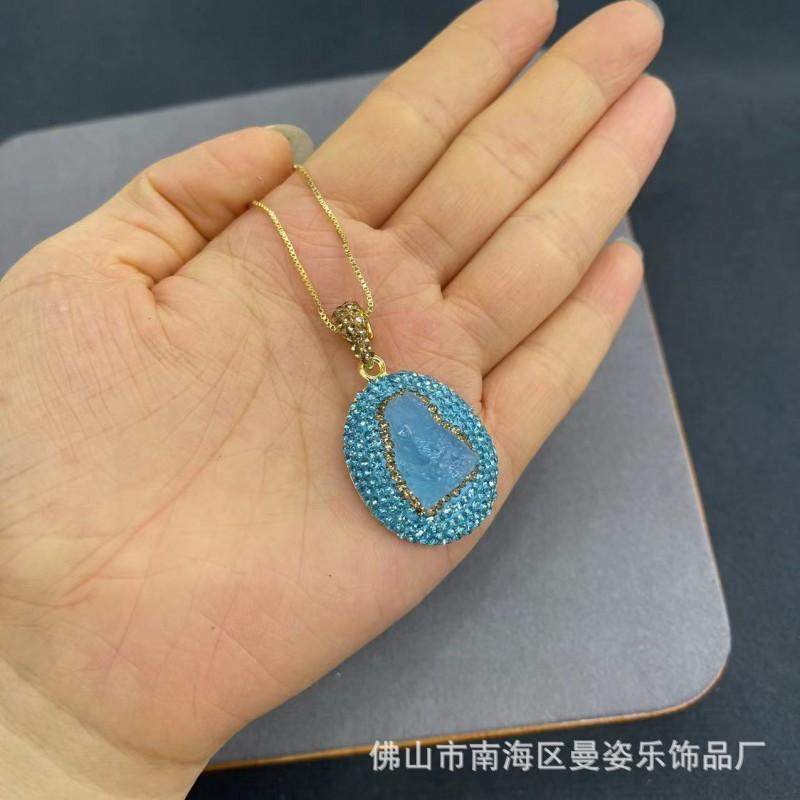 Handcrafted Sea Blue Chalcedony Stone Inlay Ceramic Clay Jewelry Set Women Earrings Necklace Bracelet