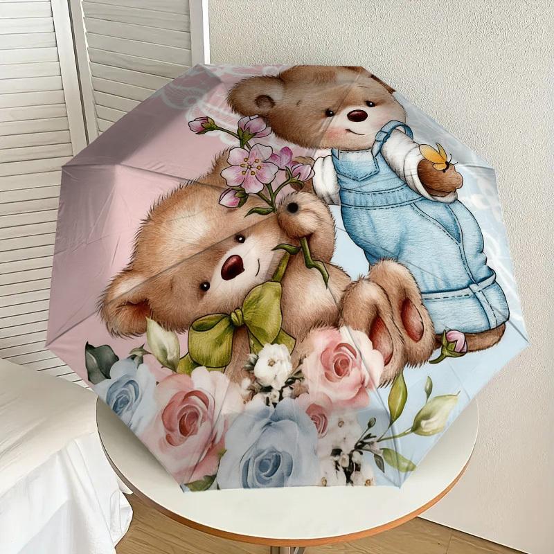1pc Teddy Bears Flowers Automatic Folding Umbrella, Heavy Duty 8 Rib Iron Frame, Suitable for Travel, Daily Use, Birthday, Decor Gift m0104025