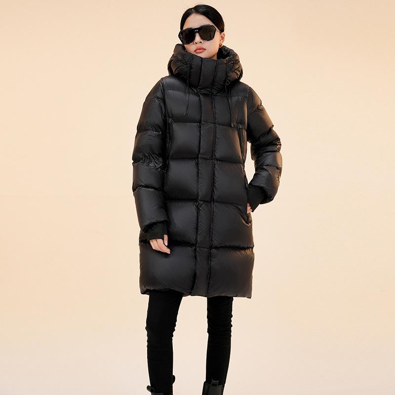 Black gold medium and long down jacket women's winter fashion high-end white duck down to keep warm over the knee couple bread jacket burst