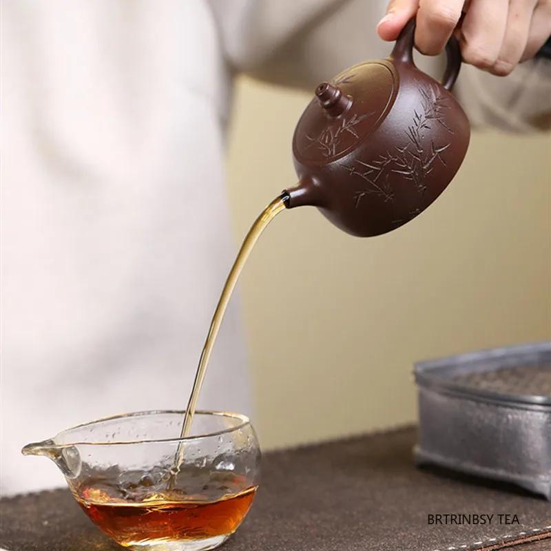 Chinesische Tradition Yixing Lila Ton Teekanne Handgemacht Bambusblatt Teekanne Schöner Tee-Infuser Zisha Kessel Haushalts-Teegeschirr 140ml