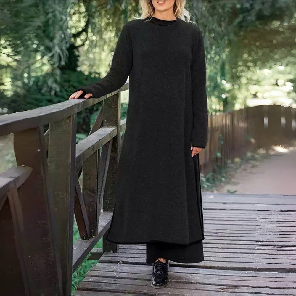 Moda donna primavera autunno tinta unita stampa manica lunga scollo a V vita larga abiti casual
