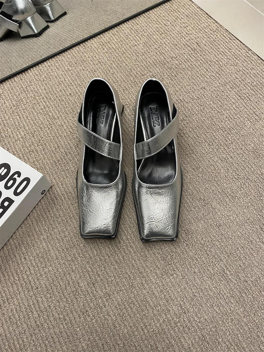 

Серебристые туфли на высоком толстом каблуке для женщин 2024 Новые весенние кожаные туфли во французском стиле Туфли на высоком каблуке Женская обувь 40 серебряный