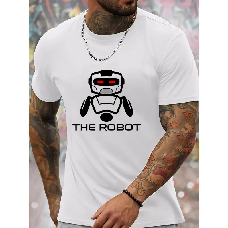 unisex'S Summer Casual Short Sleeve T-Shirt with Robot Print, Round Neck, Regular Fit - Adult Fashion Tee