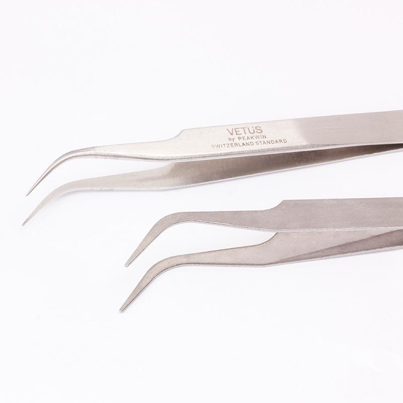 Precision Stainless Steel Eyelash Tweezers with Optional Straight or Curved Tips for Grafting and False Eyelash Application.