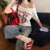 American retro letter print diagonal neck short-sleeved T-shirt women's summer new hot girl off-the-shoulder thin top trendy