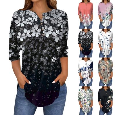 Cămașă de tricou cu mânecă trei sferturi, cu guler cu nasturi, cu imprimeu floral vintage