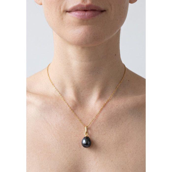 Pendentif - Pearls & Colors - Véritable Perle de Culture Noire 7-8 mm - Or Jaune 375/1000 - Chaîne 42 cm