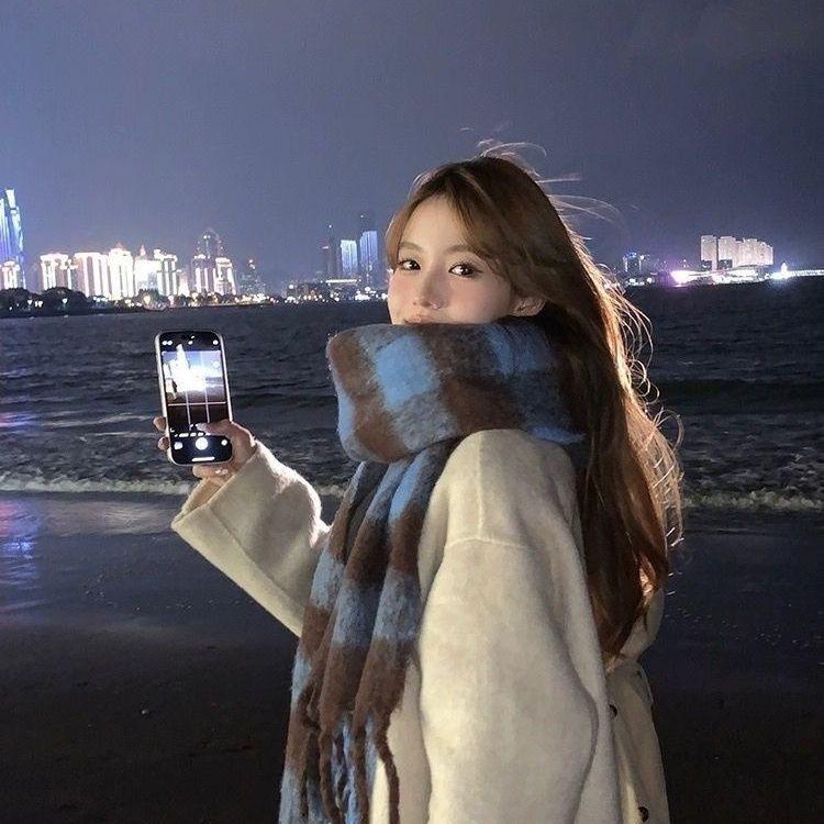 Korean Style Plaid Thickened Winter Shawl Scarf for Women