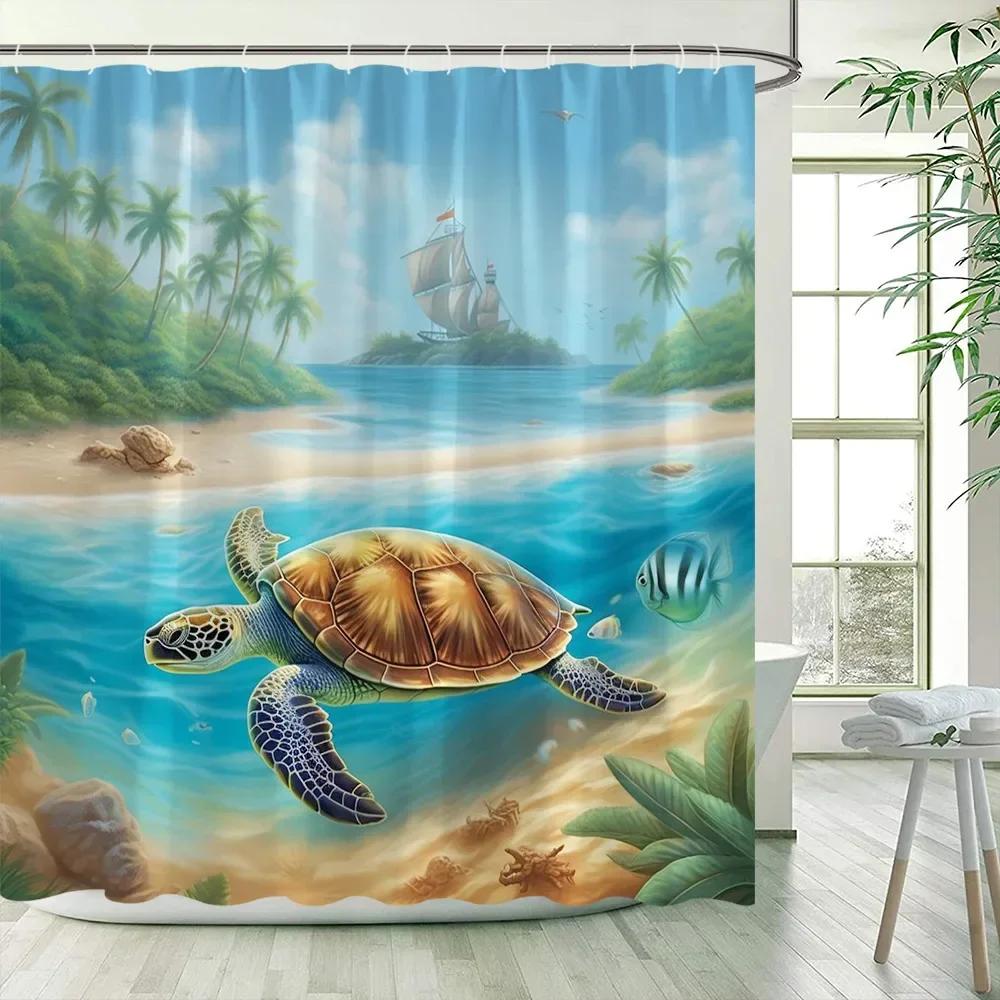 Ocean Sea Turtle Shower Curtains Island Coconut Trees Starfish Oil Painting Art Landscape Polyester Bathroom Curtain Decor .