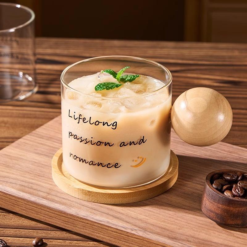 Round Wooden Handle Transparent Glass Cup For Coffee Household Coffee Cups Kitchen Office Coffee Mug With Cup Saucer